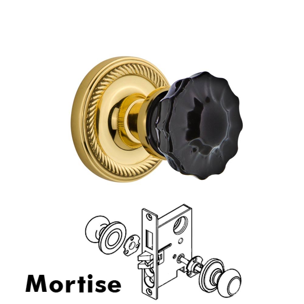 Nostalgic Warehouse - Mortise - Rope Rose Crystal Black Glass Door Knob in Polished Brass