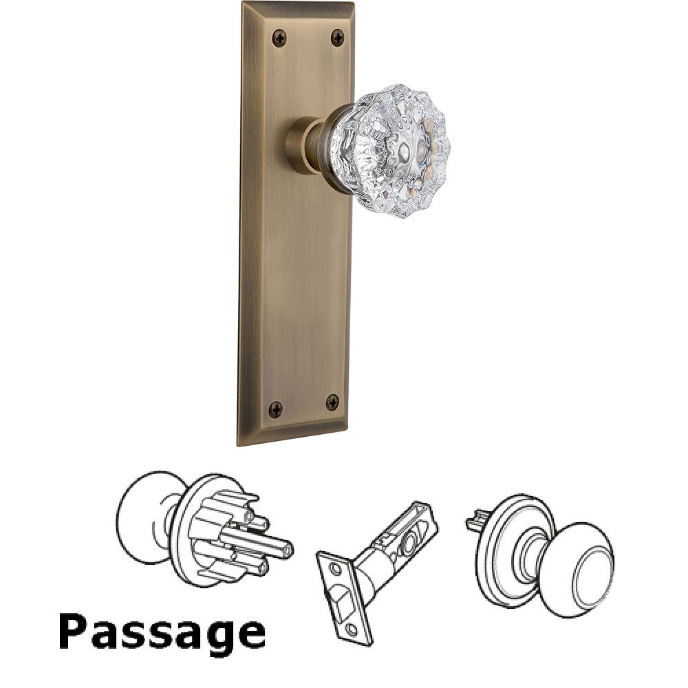 Passage New York Plate with Crystal Glass Door Knob in Antique Brass