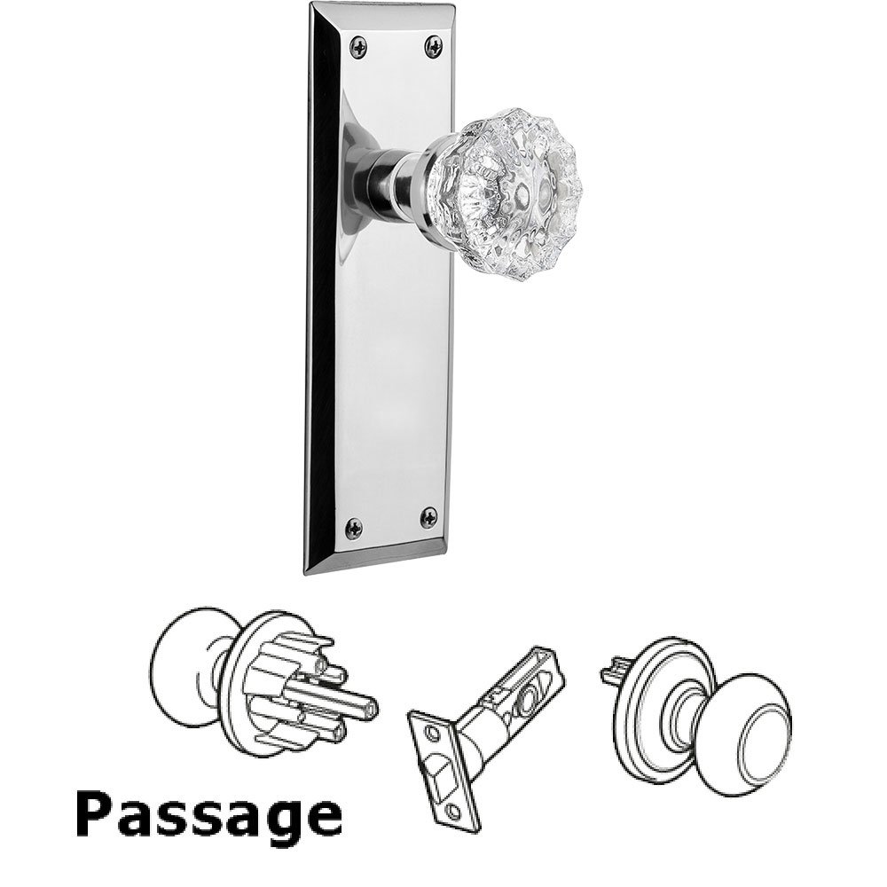 Passage Knob - New York Plate with Crystal Door Knob in Bright Chrome