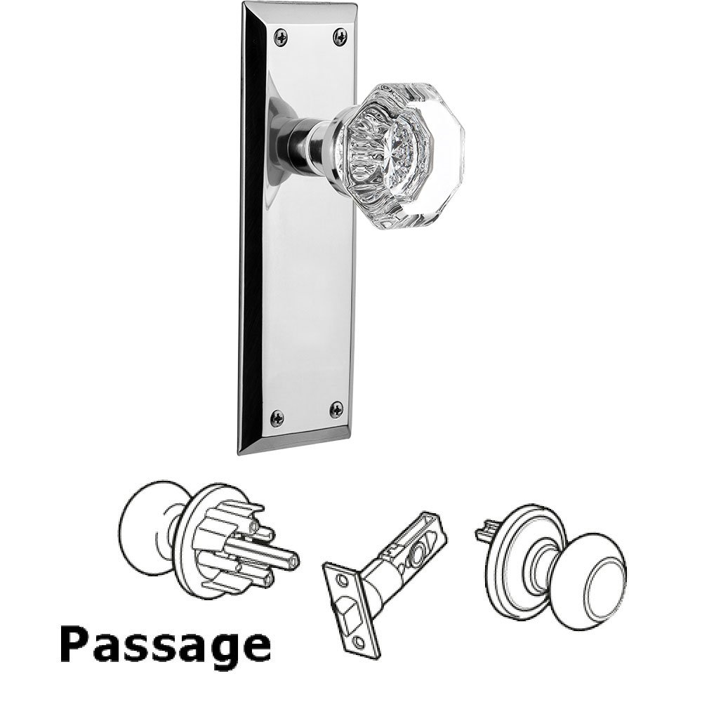Passage Knob - New York Plate with Waldorf Crystal Door Knob in Bright Chrome