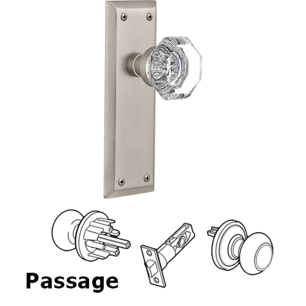 Passage Knob - New York Plate with Waldorf Crystal Door Knob in Satin Nickel