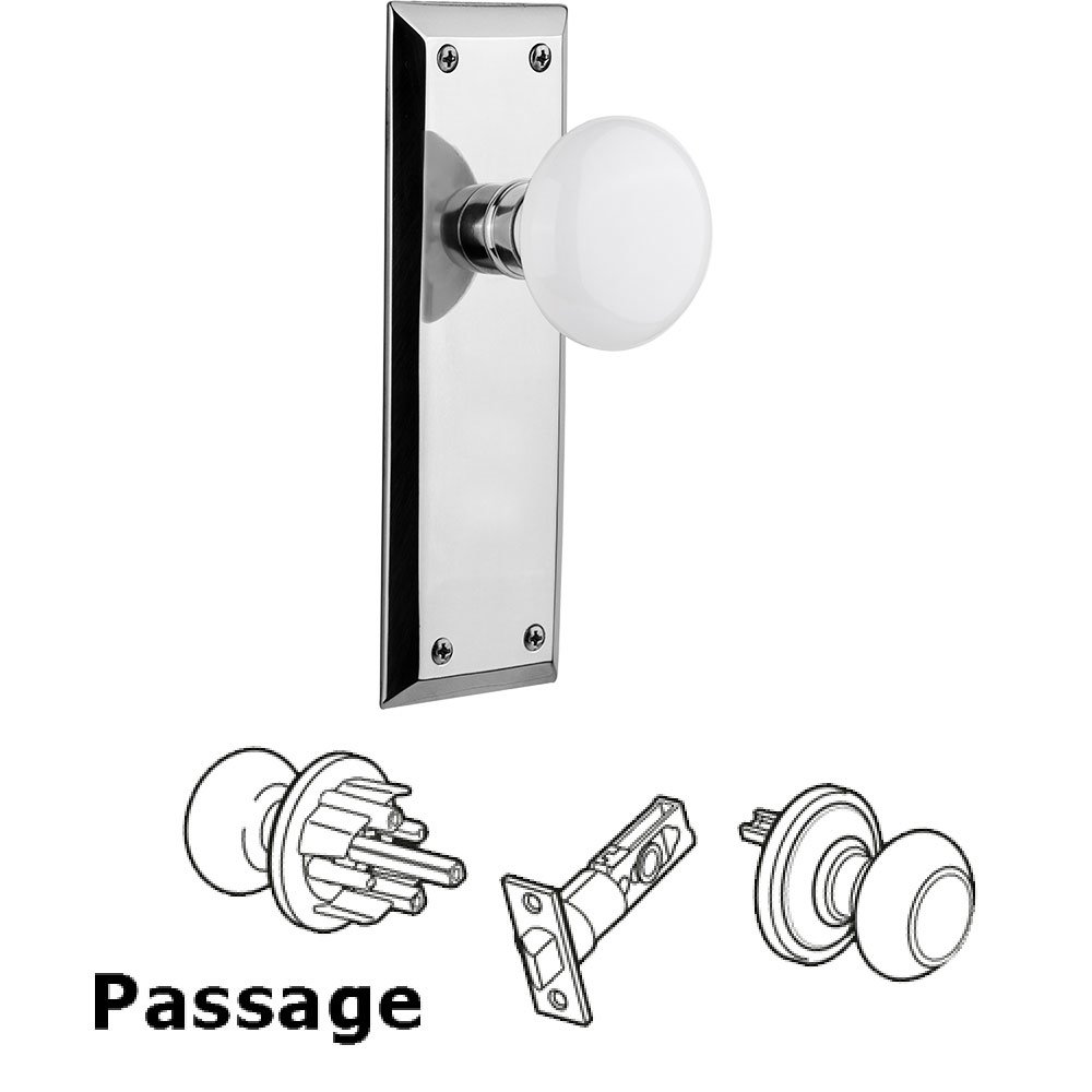 Passage New York Plate with White Porcelain Door Knob in Bright Chrome