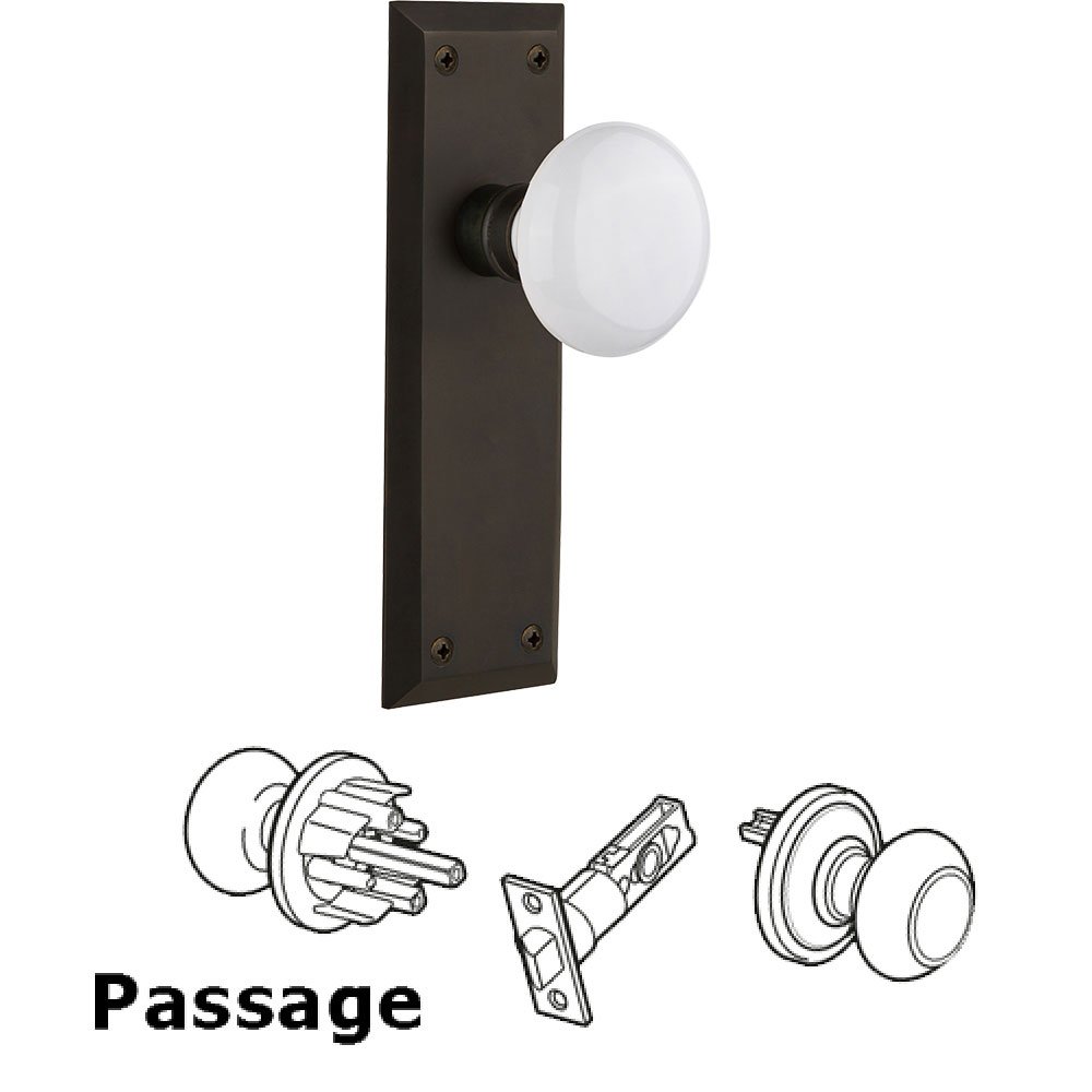 Passage Knob - New York Plate with White Porcelain Door Knob in Oil-rubbed Bronze