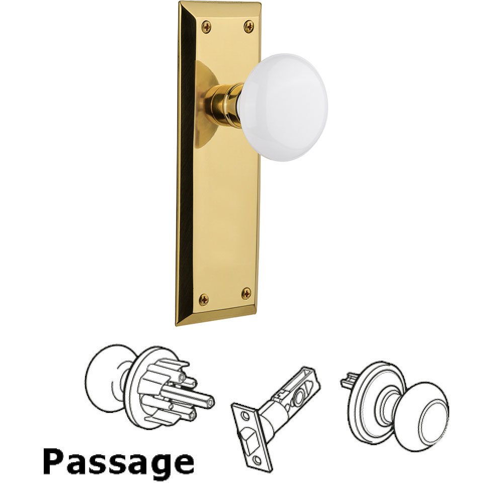 Passage Knob - New York Plate with White Porcelain Door Knob in Polished Brass