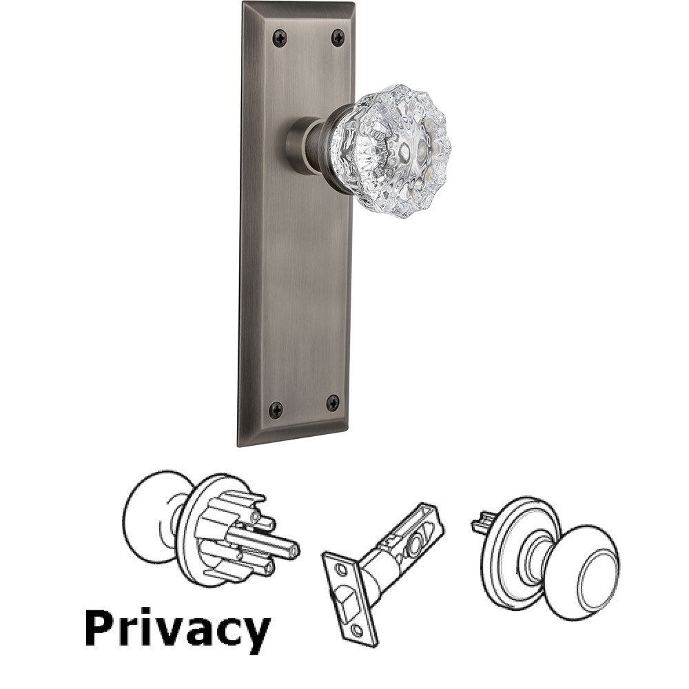 Privacy Knob - New York Plate with Crystal Door Knob in Antique Pewter