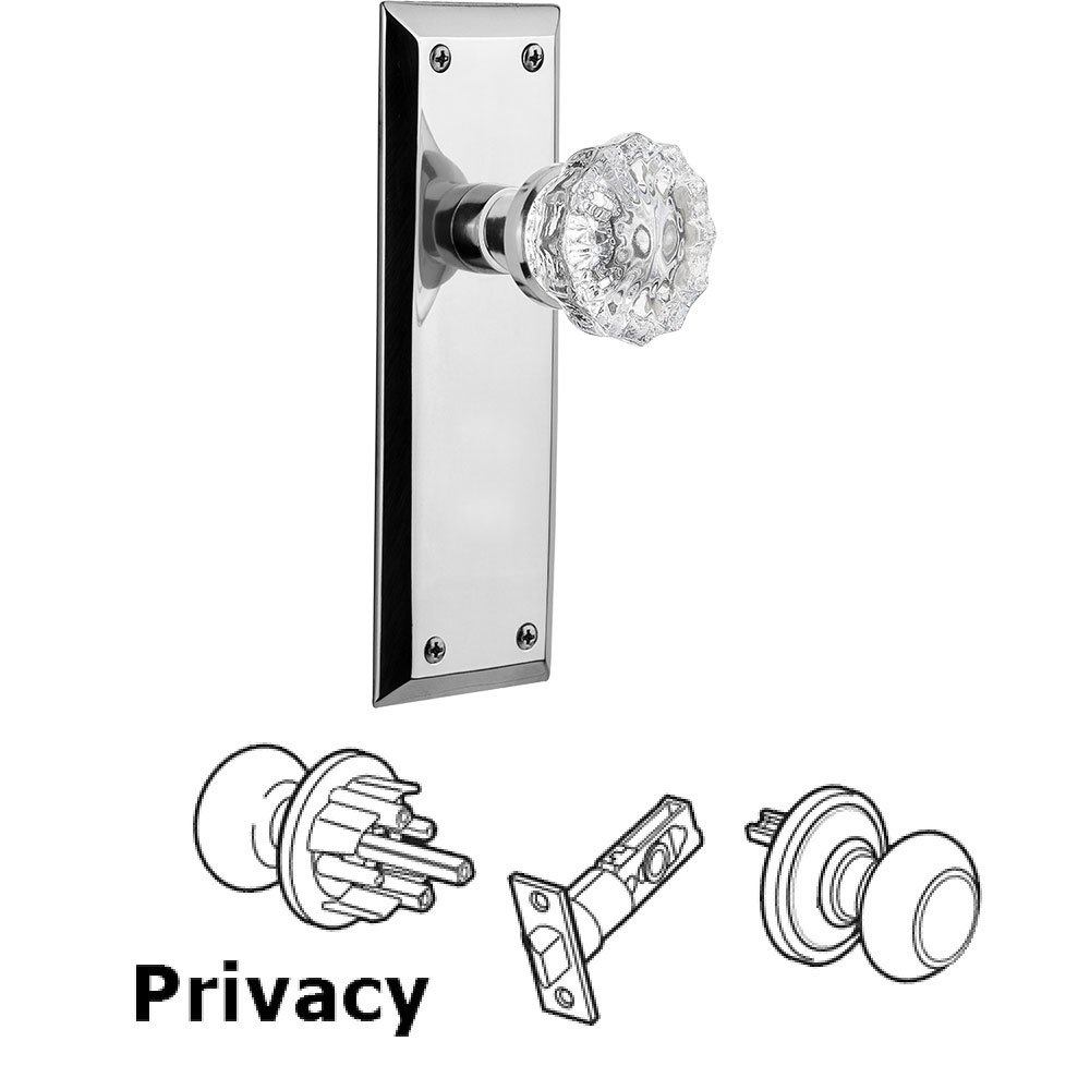 Privacy New York Plate with Crystal Glass Door Knob in Bright Chrome