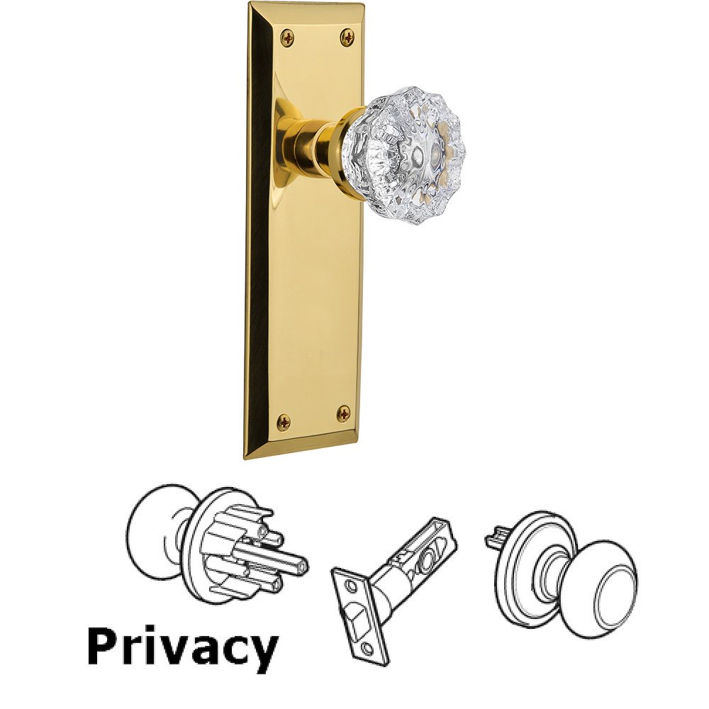 Privacy New York Plate with Crystal Glass Door Knob in Polished Brass