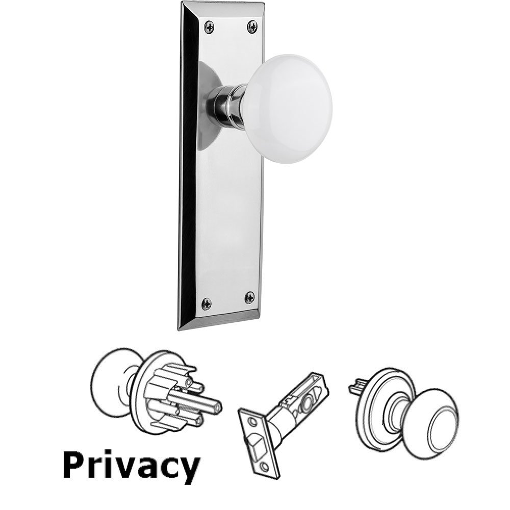 Privacy Knob - New York Plate with White Porcelain Door Knob in Bright Chrome