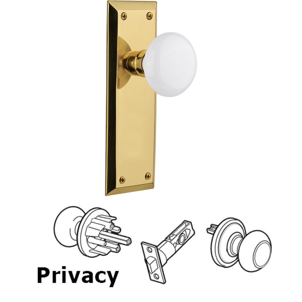Privacy New York Plate with White Porcelain Door Knob in Polished Brass