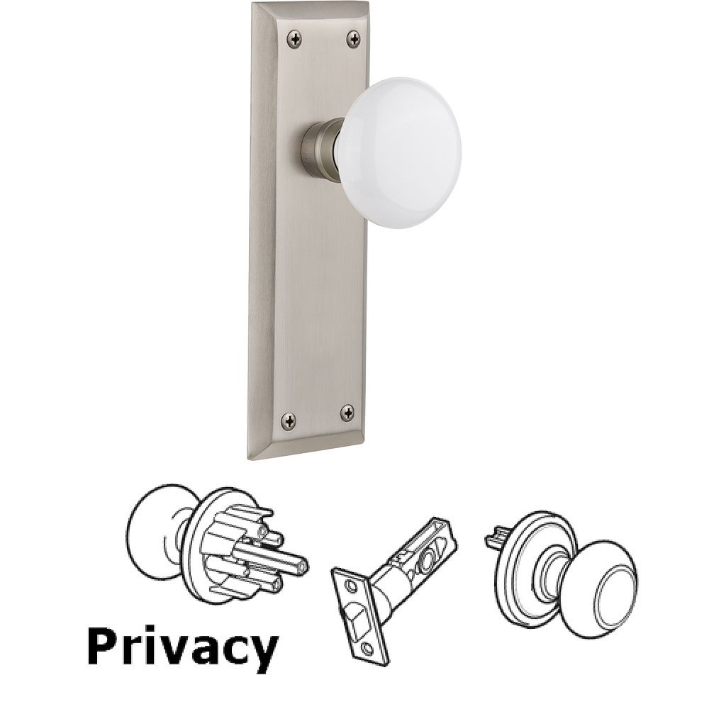 Privacy Knob - New York Plate with White Porcelain Door Knob in Satin Nickel