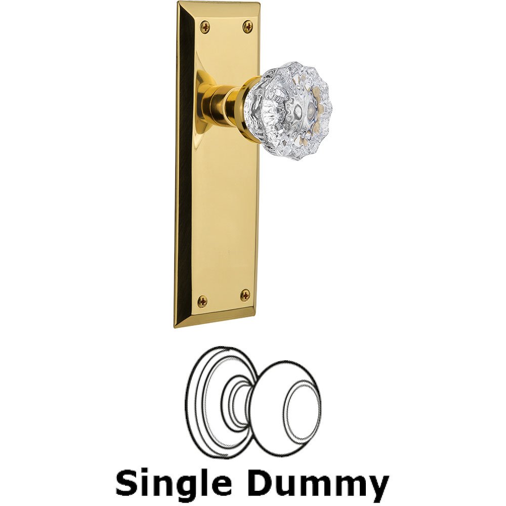 Single Dummy Knob - New York Plate with Crystal Door Knob in Polished Brass