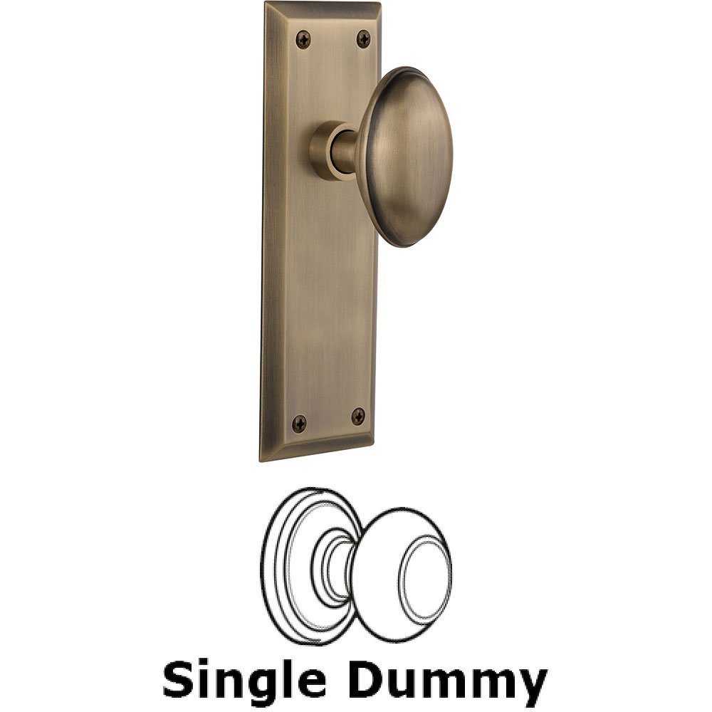 Single Dummy Knob - New York Plate with Homestead Door Knob in Antique Brass