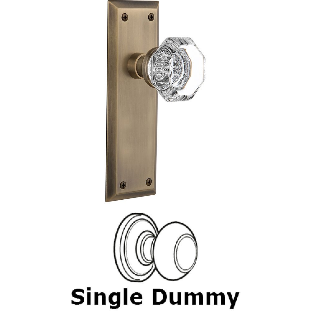Single Dummy Knob - New York Plate with Waldorf Crystal Door Knob in Antique Brass