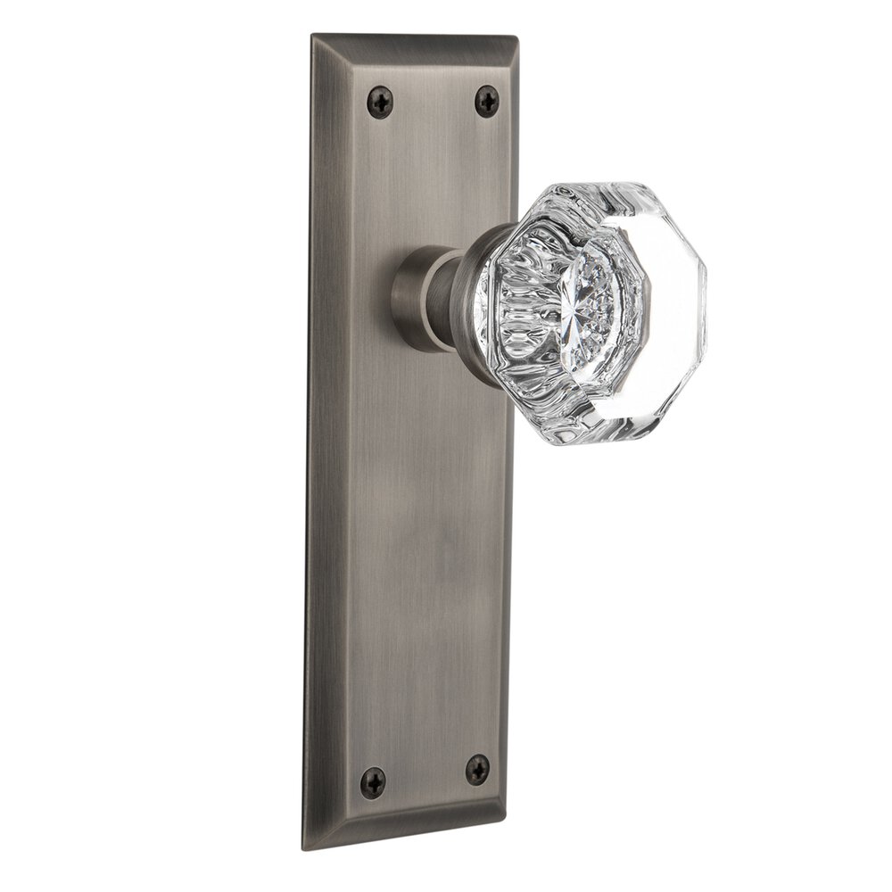 Single Dummy Knob - New York Plate with Waldorf Crystal Door Knob in Antique Pewter