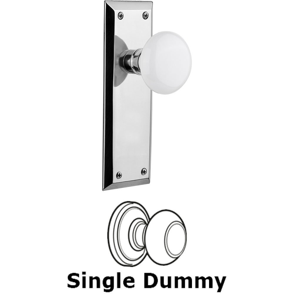 Single Dummy Knob - New York Plate with White Porcelain Door Knob in Bright Chrome