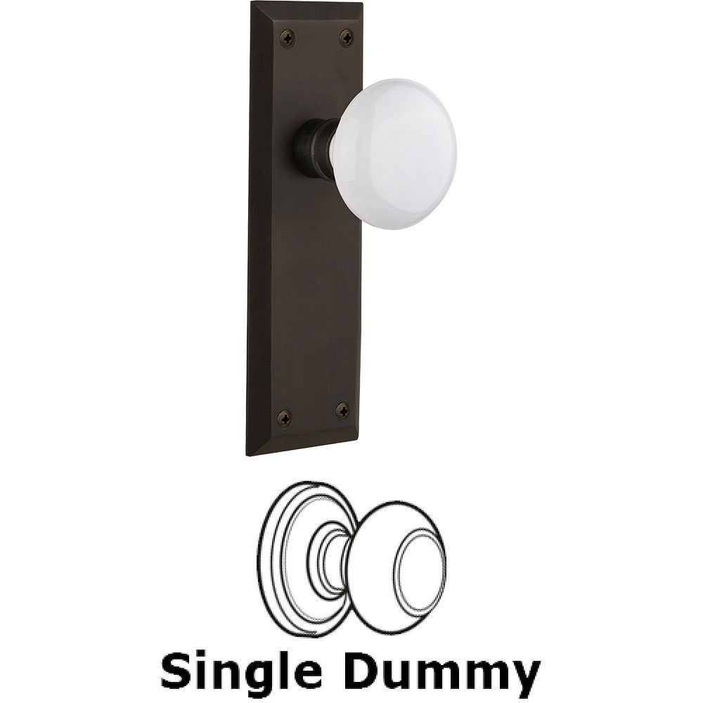 Single Dummy Knob - New York Plate with White Porcelain Door Knob in Oil-rubbed Bronze