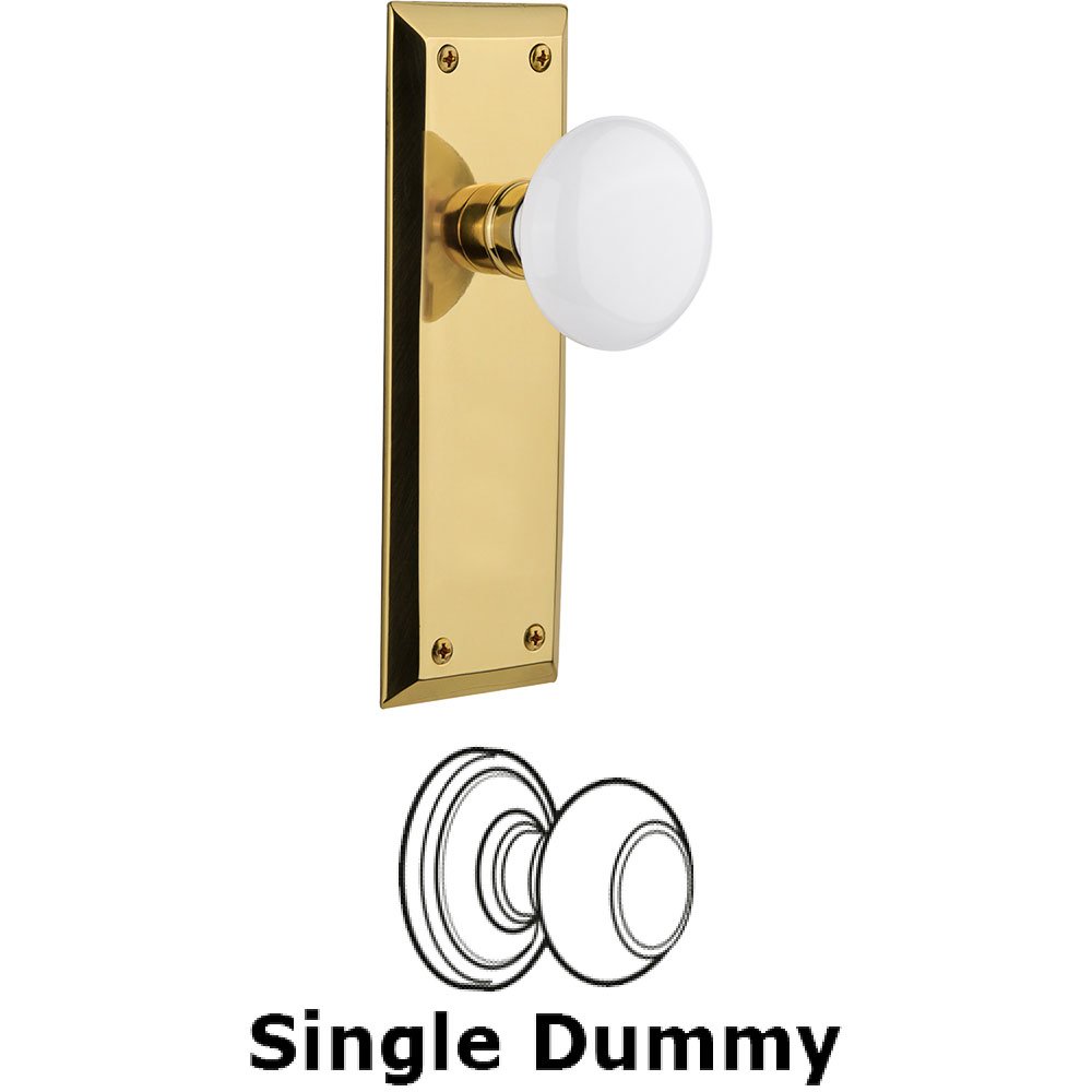 Single Dummy Knob - New York Plate with White Porcelain Door Knob in Polished Brass