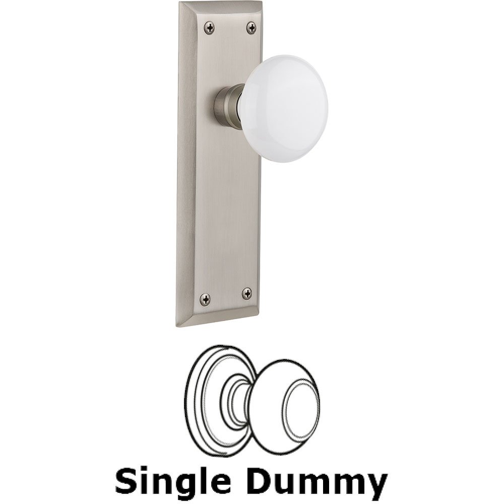 Single Dummy Knob - New York Plate with White Porcelain Door Knob in Satin Nickel