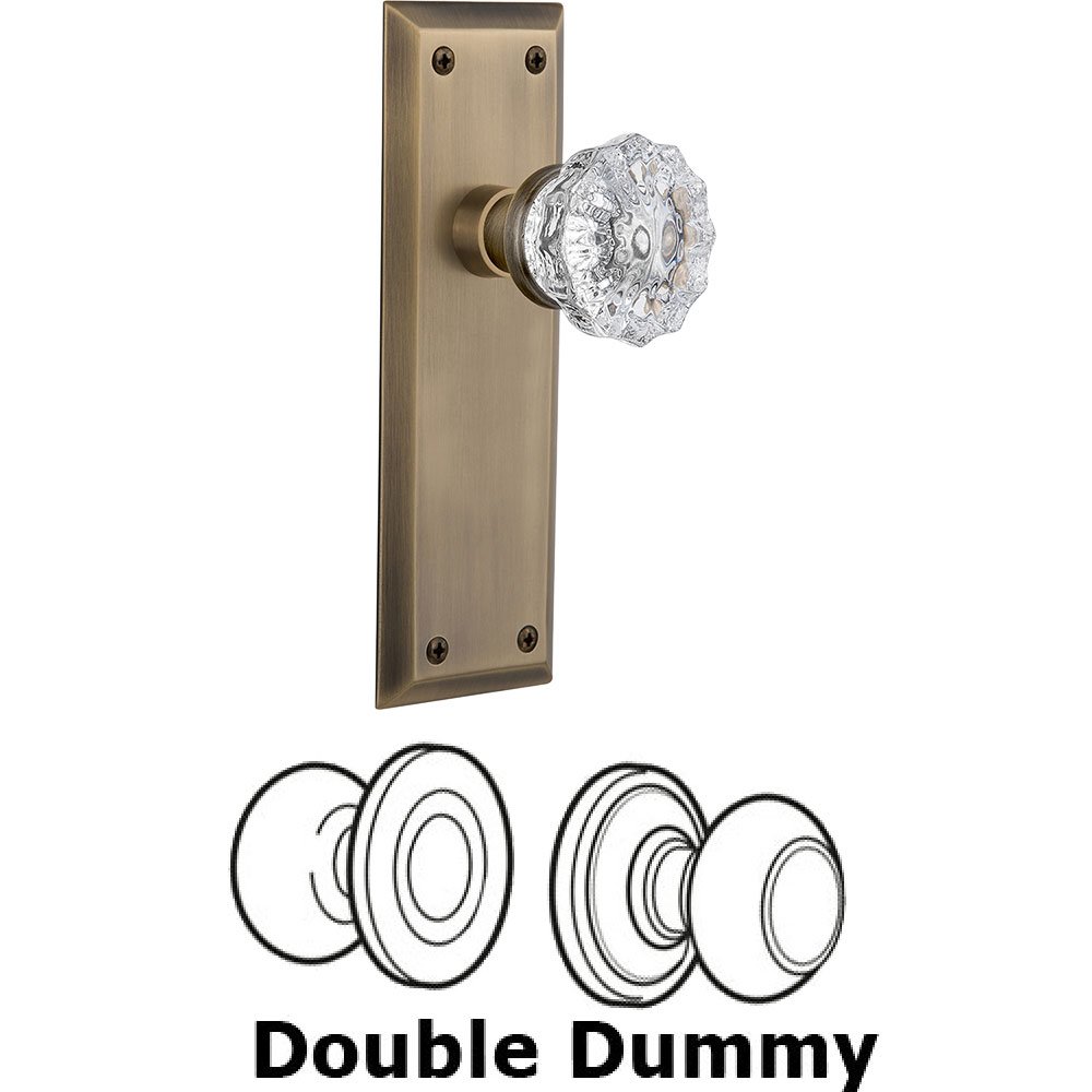 Double Dummy Knob - New York Plate with Crystal Door Knob in Antique Brass