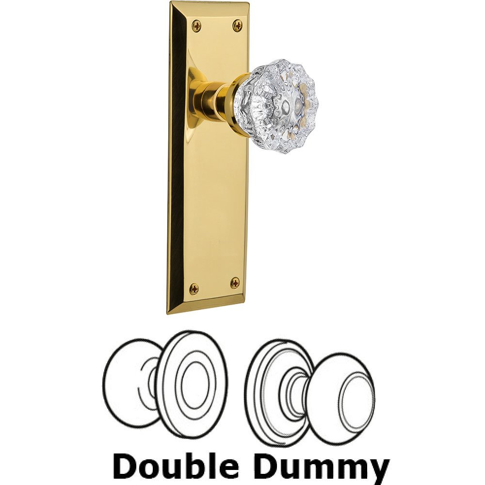 Double Dummy Knob - New York Plate with Crystal Door Knob in Polished Brass