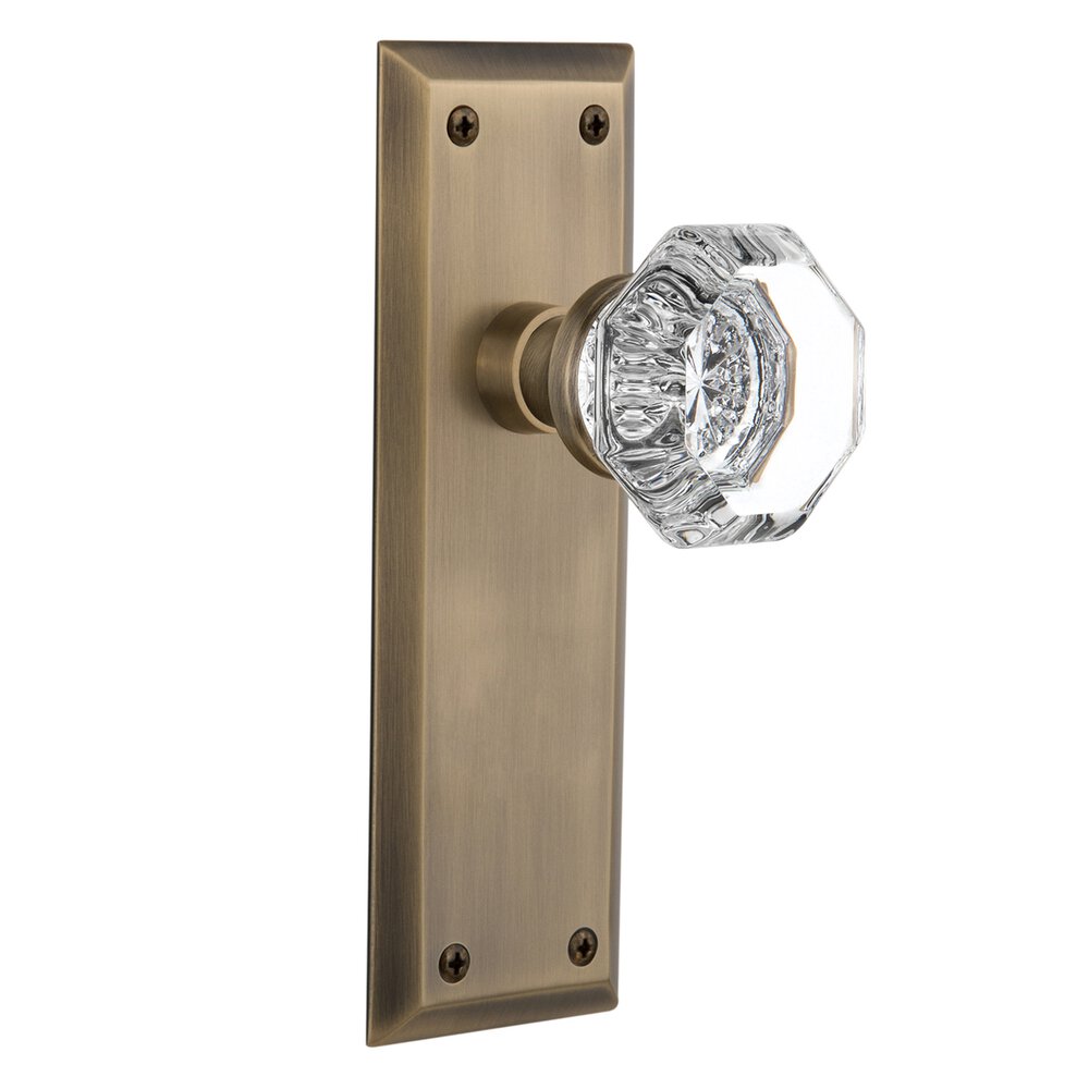 Double Dummy Knob - New York Plate with Waldorf Crystal Door Knob in Antique Brass