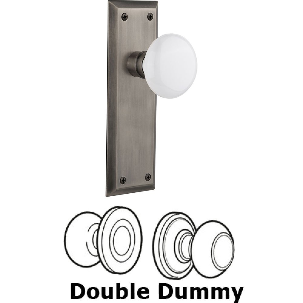 Double Dummy Knob - New York Plate with White Porcelain Door Knob in Antique Pewter