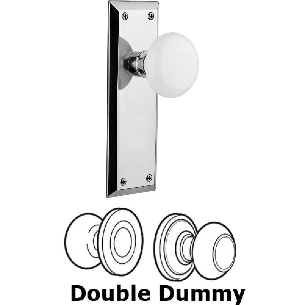 Double Dummy Knob - New York Plate with White Porcelain Door Knob in Bright Chrome