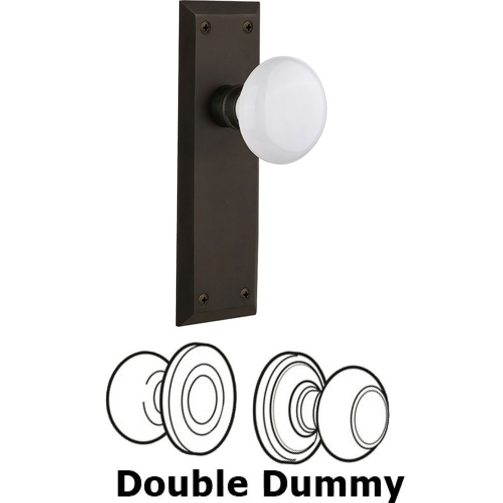 Double Dummy Knob - New York Plate with White Porcelain Door Knob in Oil-rubbed Bronze
