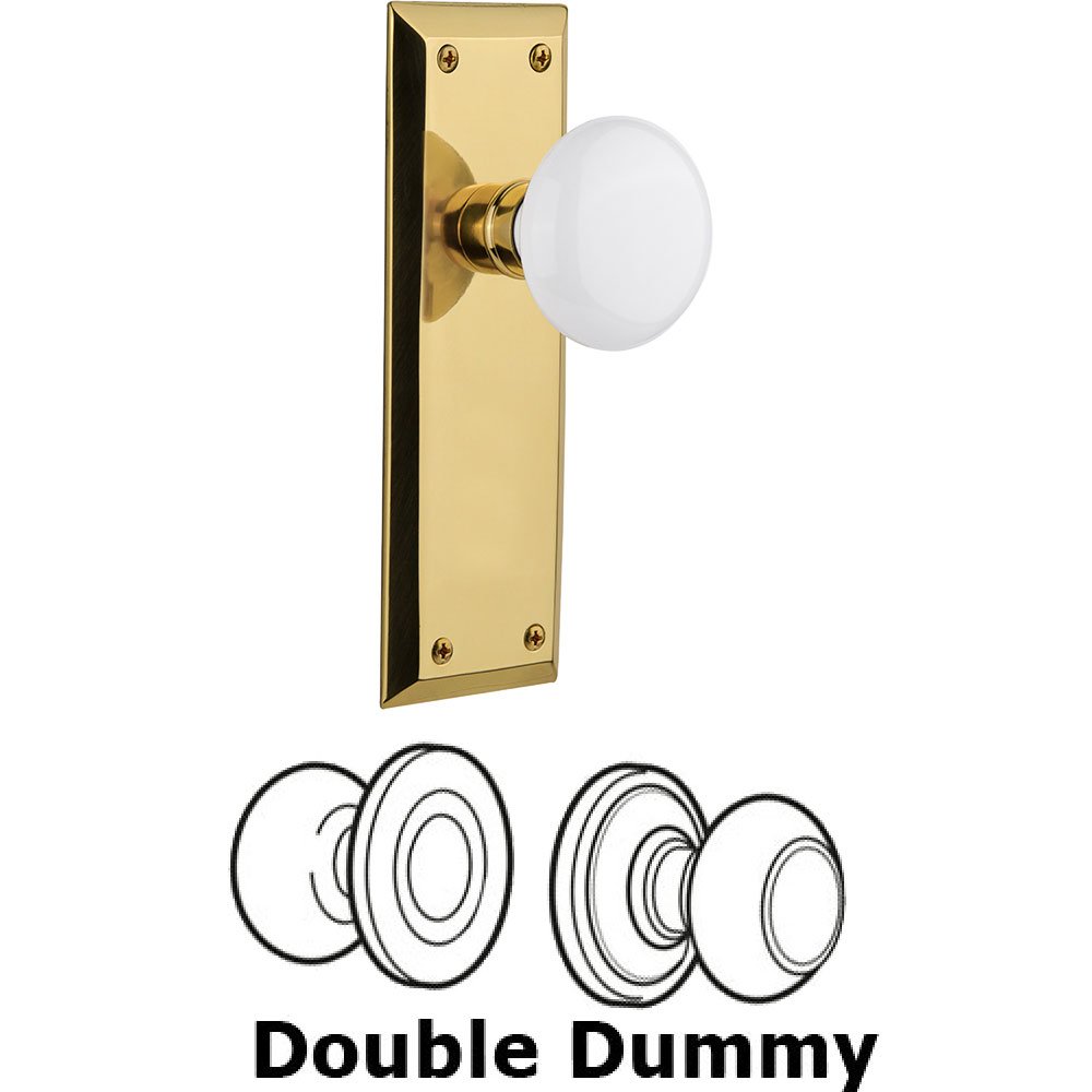 Double Dummy Knob - New York Plate with White Porcelain Door Knob in Polished Brass