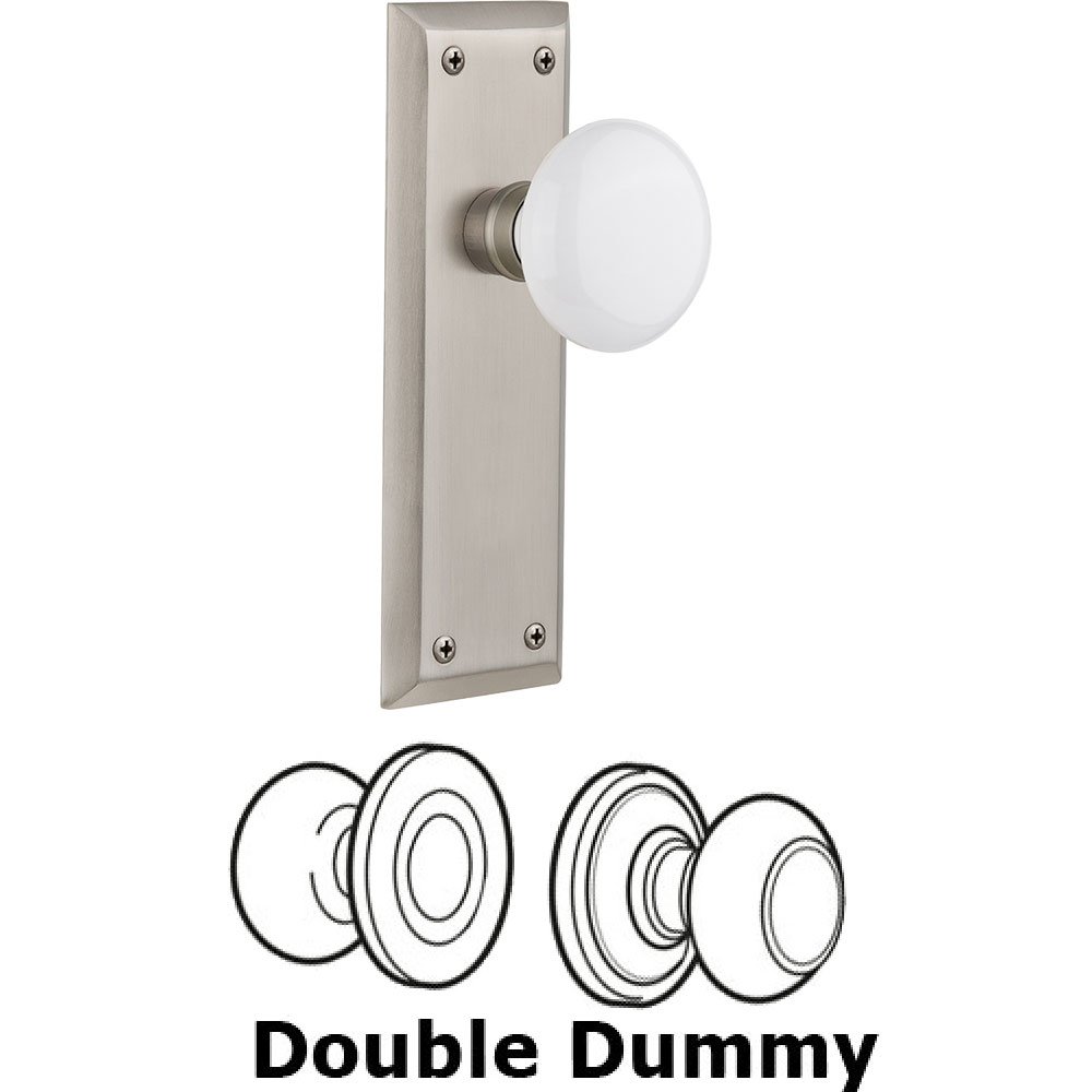 Double Dummy Knob - New York Plate with White Porcelain Door Knob in Satin Nickel