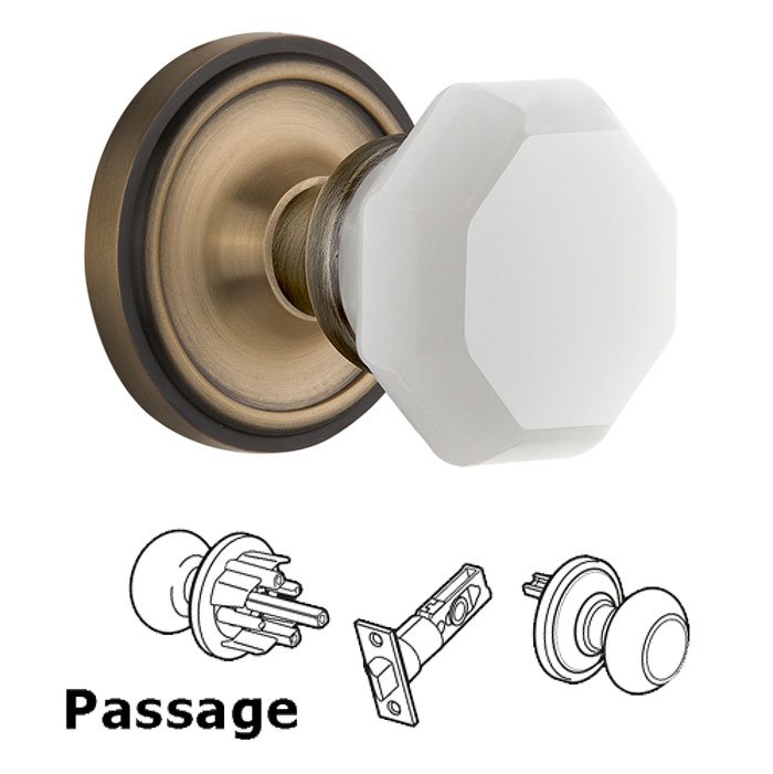 Passage - Classic Rosette with Waldorf White Milk Glass Knob in Antique Brass