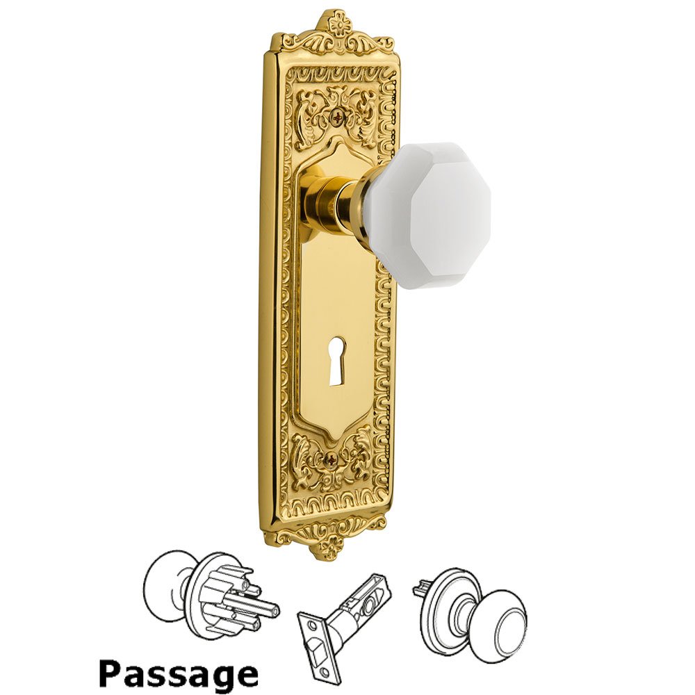Passage - Egg & Dart Plate with Keyhole with Waldorf White Milk Glass Knob in Polished Brass