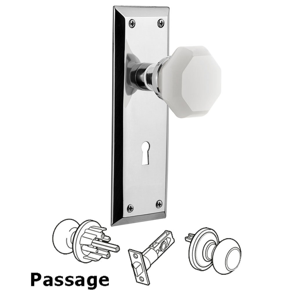 Passage - New York Plate with Keyhole with Waldorf White Milk Glass Knob in Bright Chrome