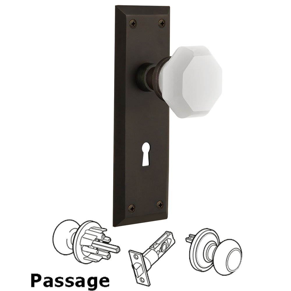Passage - New York Plate with Keyhole with Waldorf White Milk Glass Knob in Oil-Rubbed Bronze 