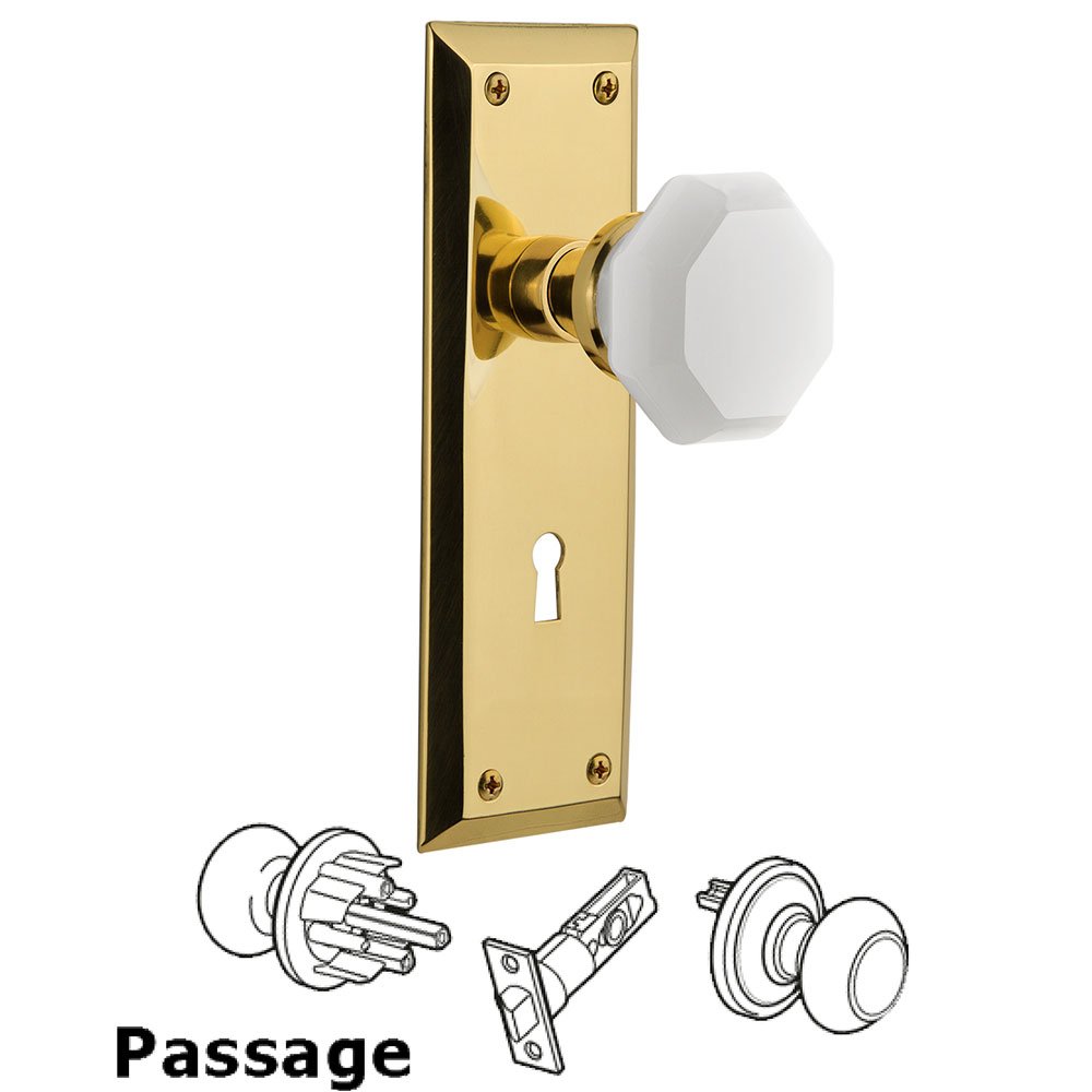 Passage - New York Plate with Keyhole with Waldorf White Milk Glass Knob in Polished Brass