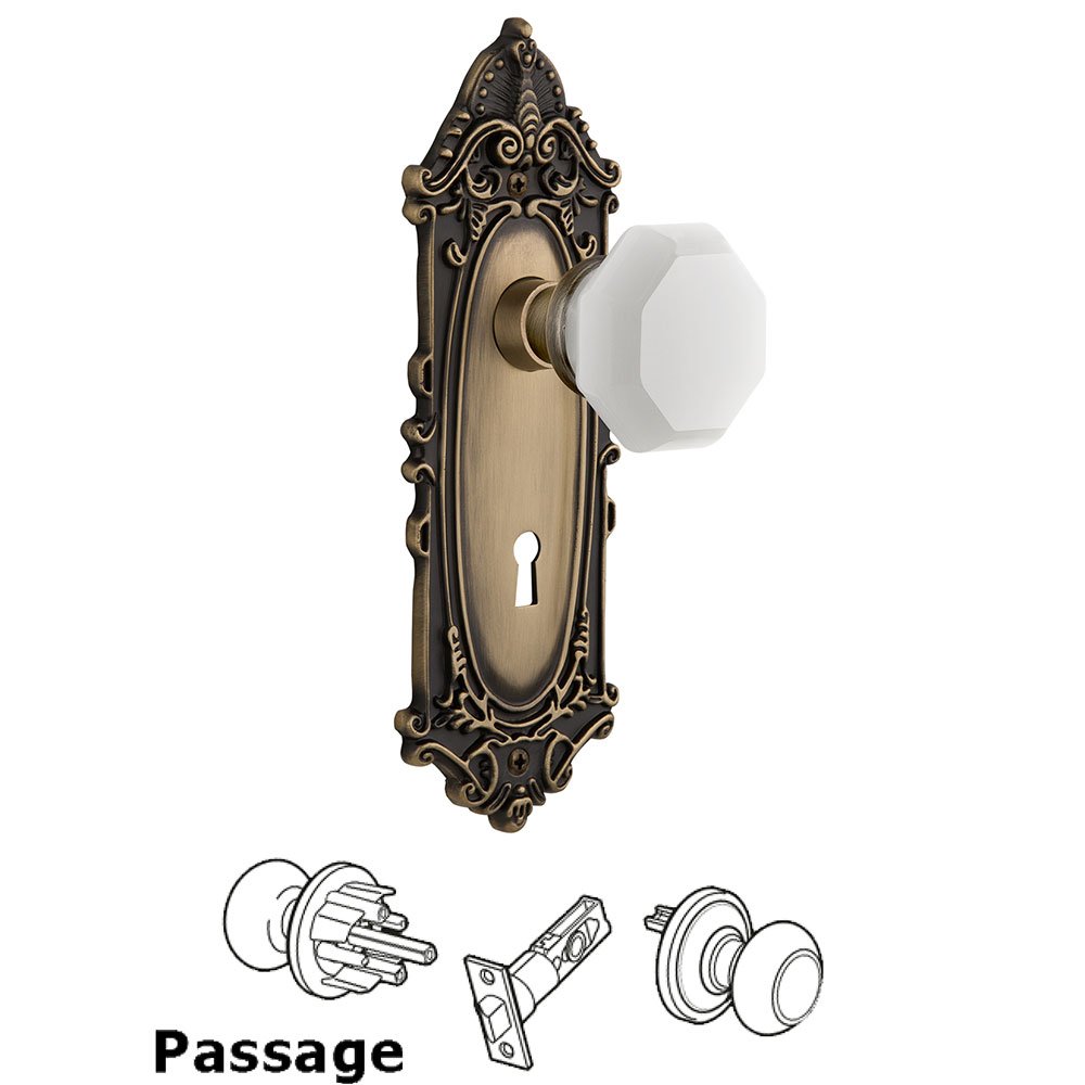 Passage - Victorian Plate with Keyhole with Waldorf White Milk Glass Knob in Antique Brass