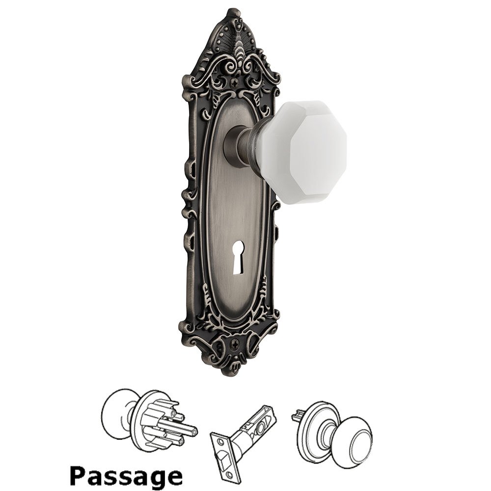 Passage - Victorian Plate with Keyhole with Waldorf White Milk Glass Knob in Antique Pewter