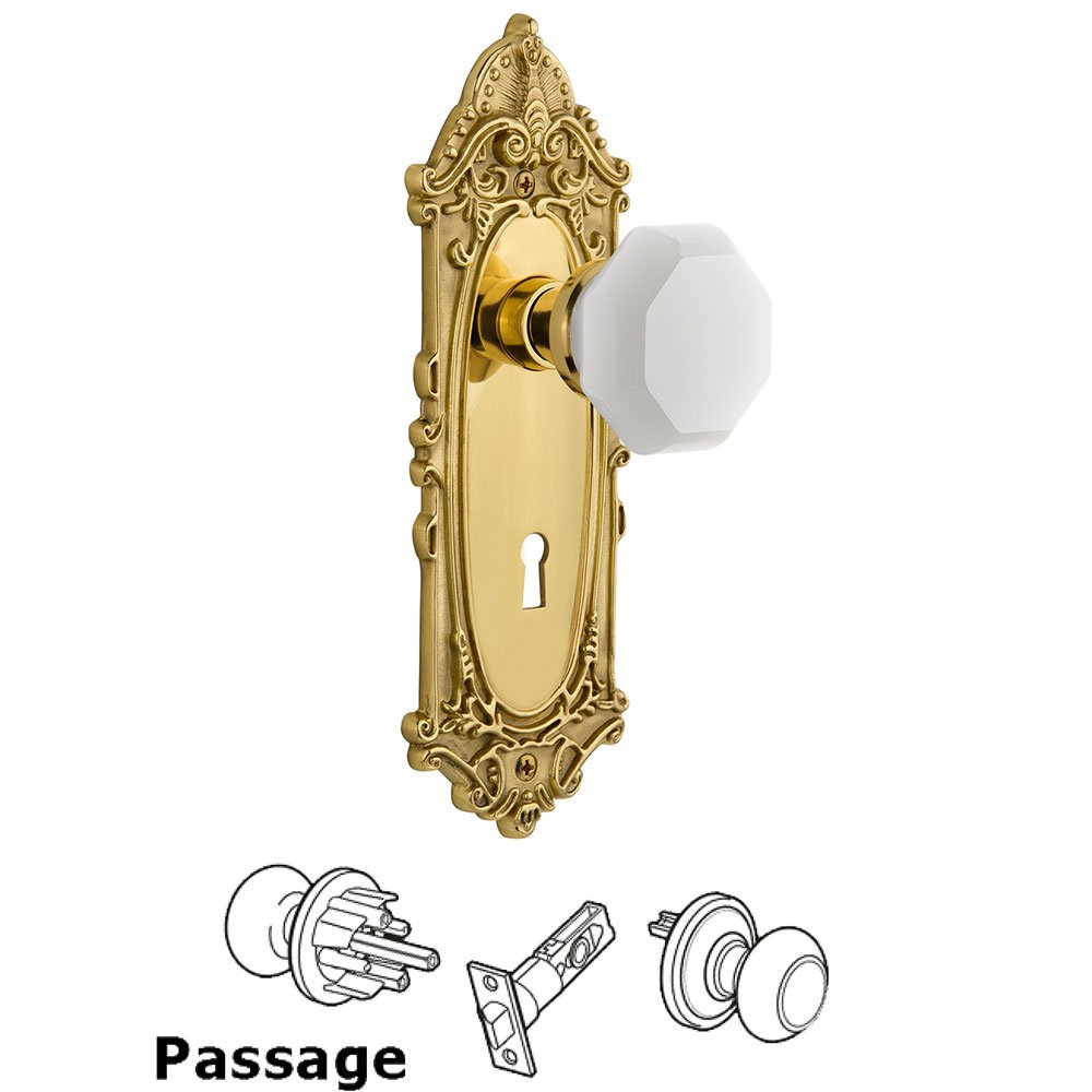 Passage - Victorian Plate with Keyhole with Waldorf White Milk Glass Knob in Polished Brass