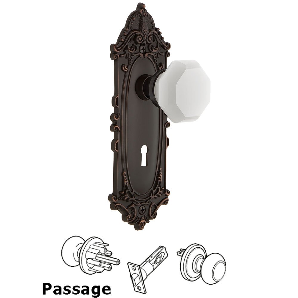 Passage - Victorian Plate with Keyhole with Waldorf White Milk Glass Knob in Timeless Bronze 