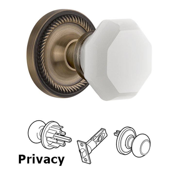 Privacy - Rope Rosette with Waldorf White Milk Glass Knob in Antique Brass