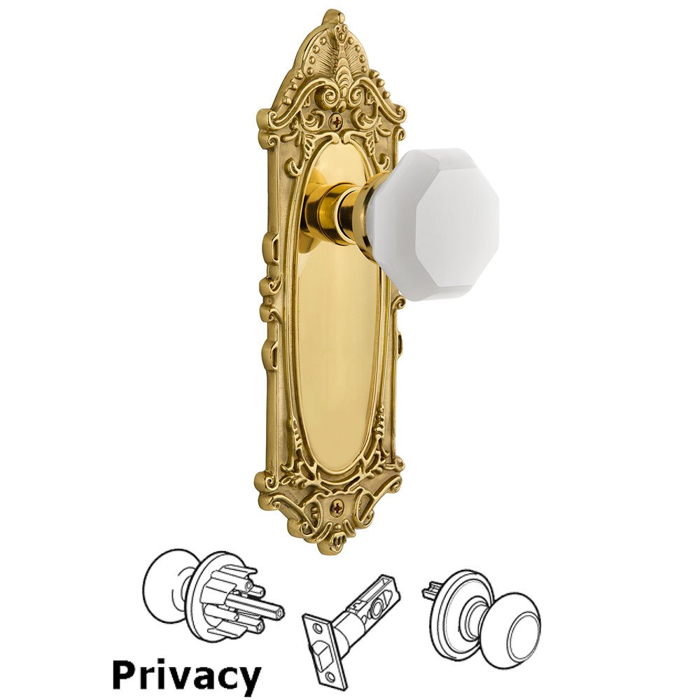 Privacy - Victorian Plate with Waldorf White Milk Glass Knob in Polished Brass 