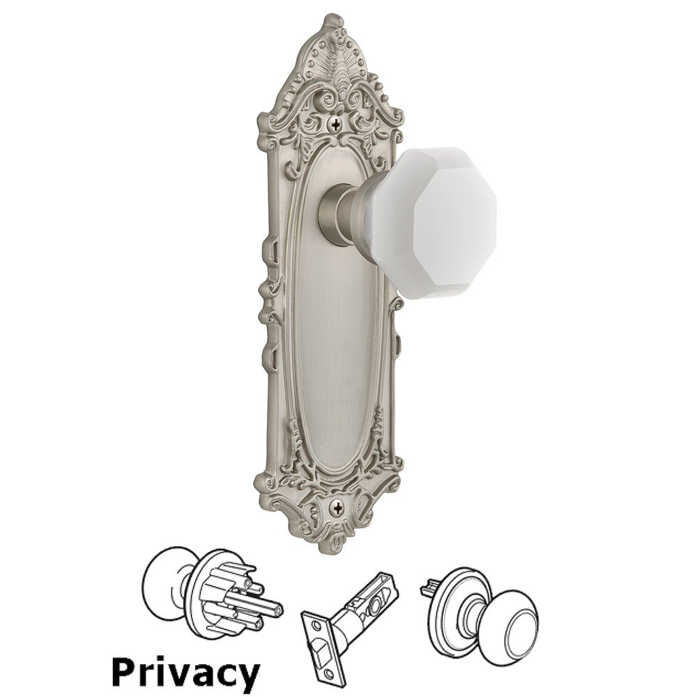 Privacy - Victorian Plate with Waldorf White Milk Glass Knob in Satin Nickel 