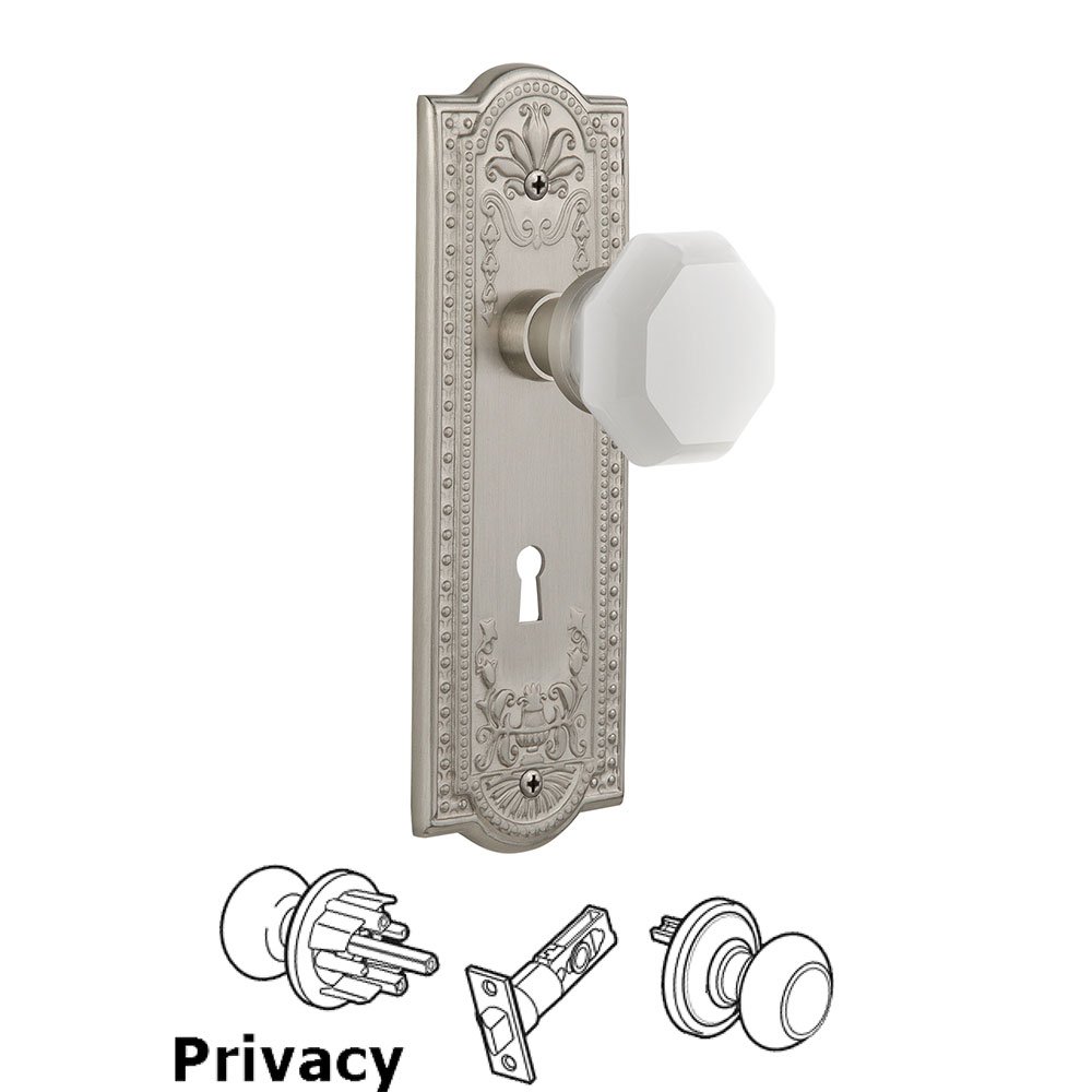 Privacy - Meadows Plate with Keyhole with Waldorf White Milk Glass Knob in Satin Nickel 
