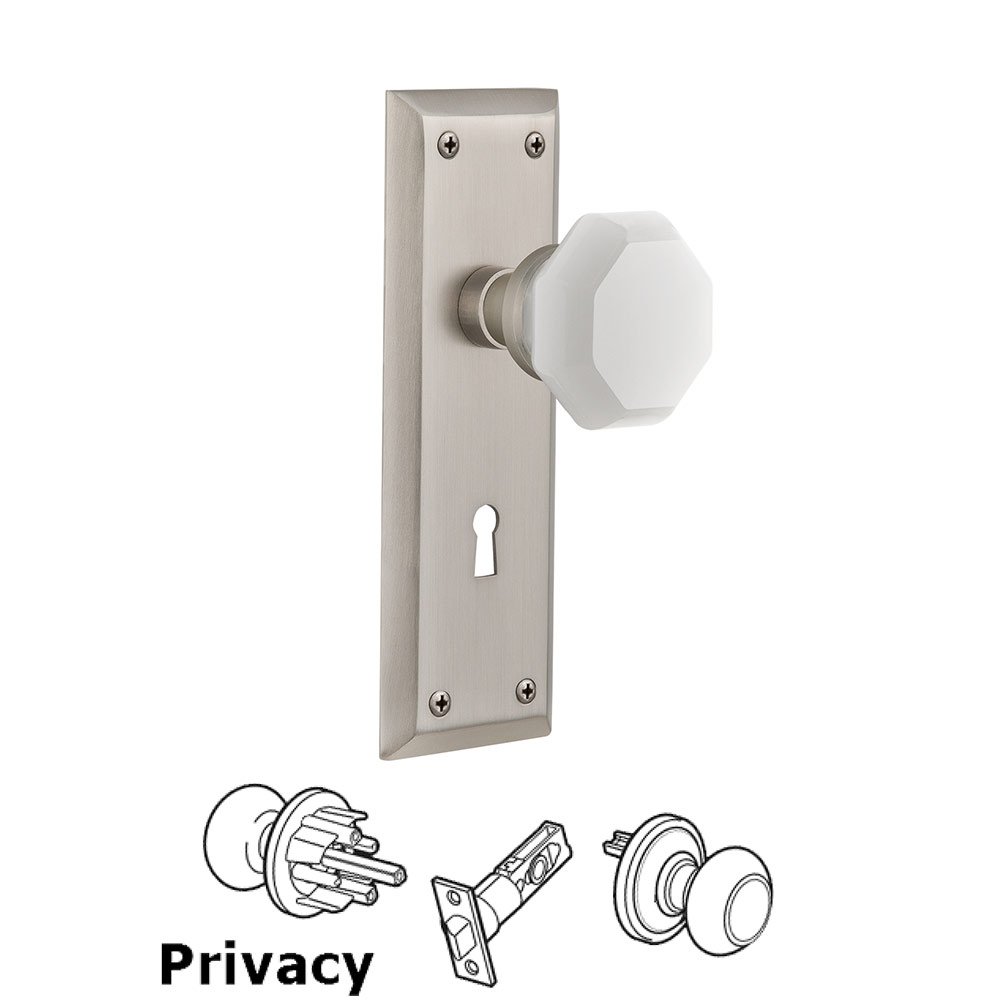Privacy - New York Plate with Keyhole with Waldorf White Milk Glass Knob in Satin Nickel 