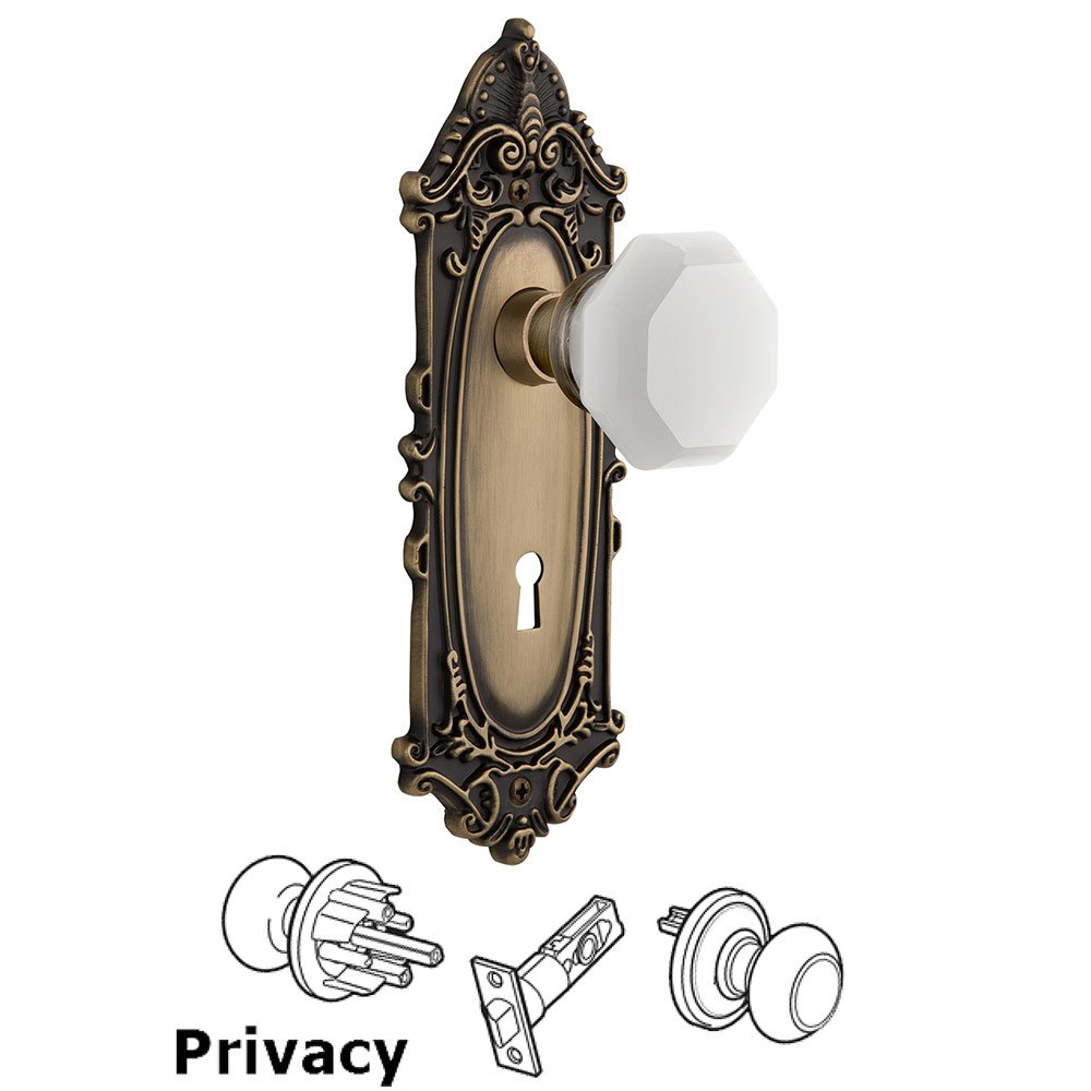 Privacy - Victorian Plate with Keyhole with Waldorf White Milk Glass Knob in Antique Brass