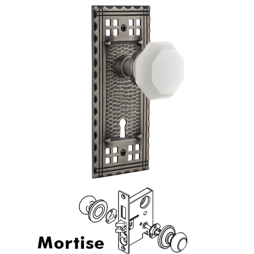 Interior Mortise - Craftsman Plate with Waldorf White Milk Glass Knob in Antique Pewter