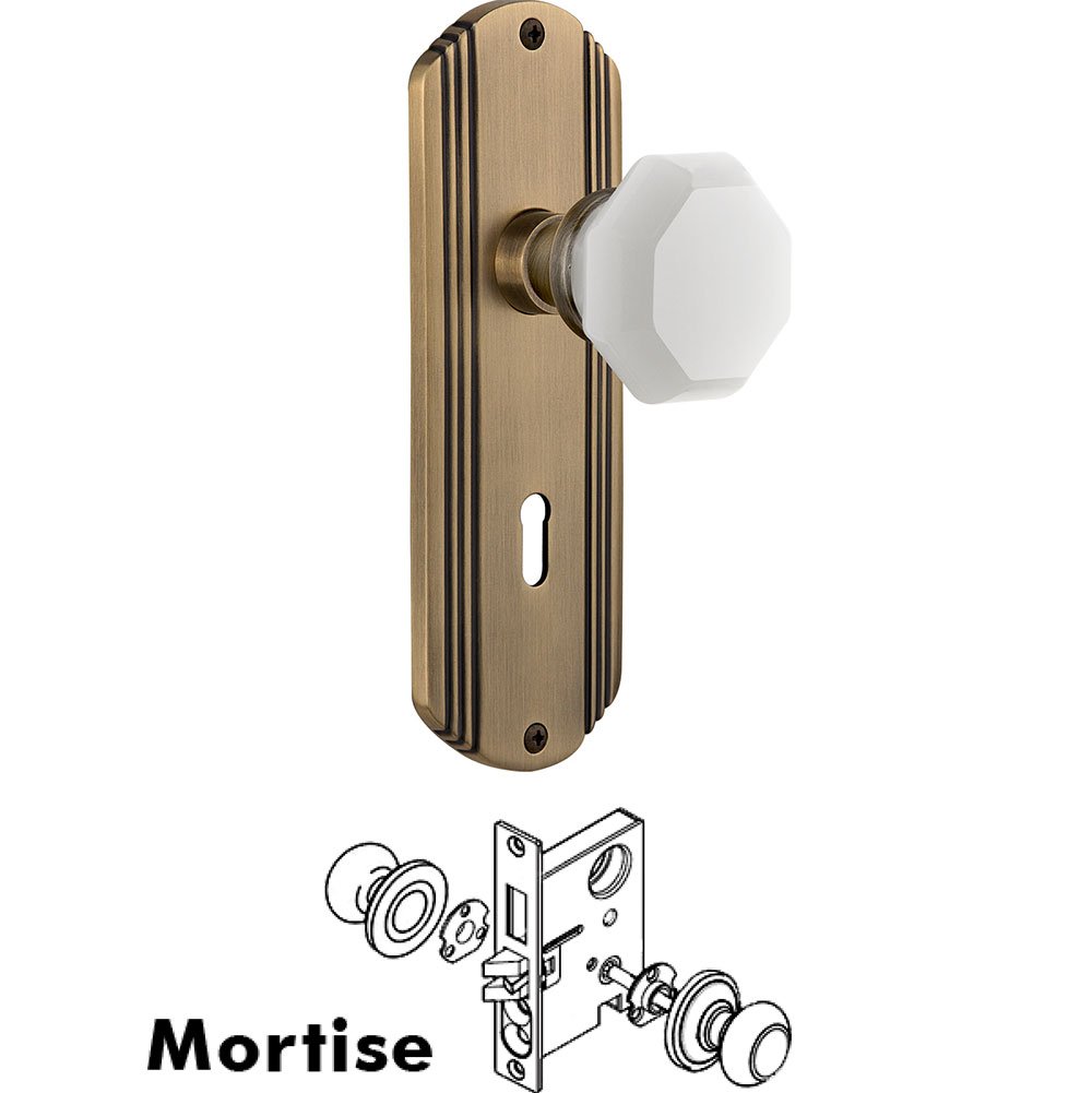 Interior Mortise - Deco Plate with Waldorf White Milk Glass Knob in Antique Brass