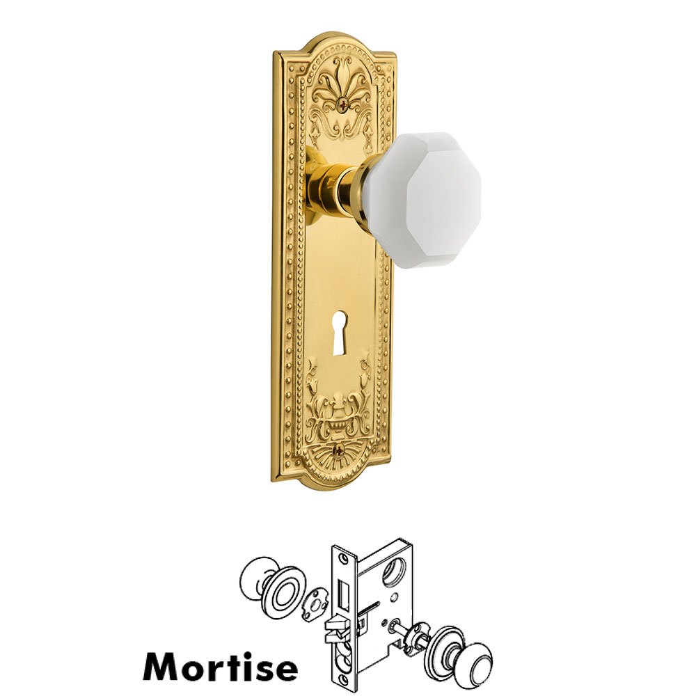 Interior Mortise - Meadows Plate with Waldorf White Milk Glass Knob in Polished Brass