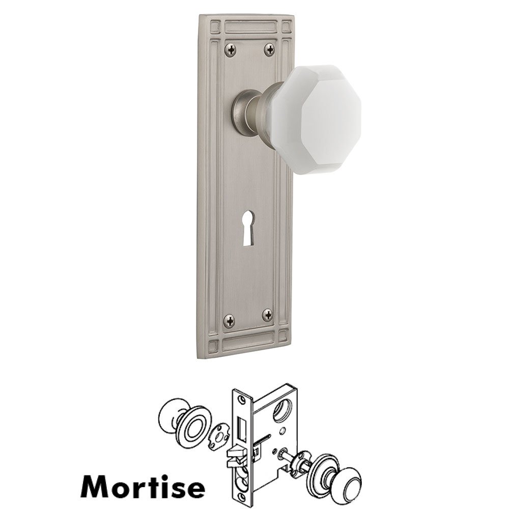 Interior Mortise - Mission Plate with Waldorf White Milk Glass Knob in Satin Nickel