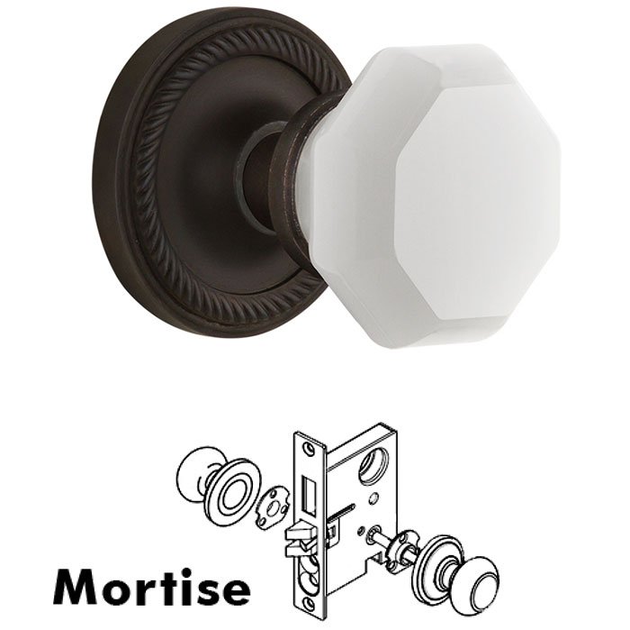 Interior Mortise - Rope Rosette with Waldorf White Milk Glass Knob in Oil-Rubbed Bronze